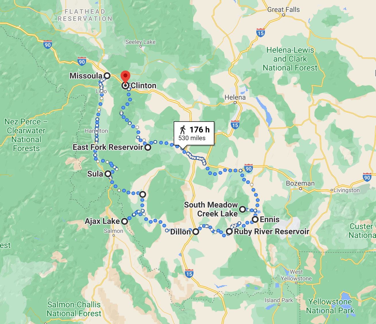 Not really the route we did, but close enough to give you a loose idea. Between S Missoula and NW Yellowstone the entire time.
